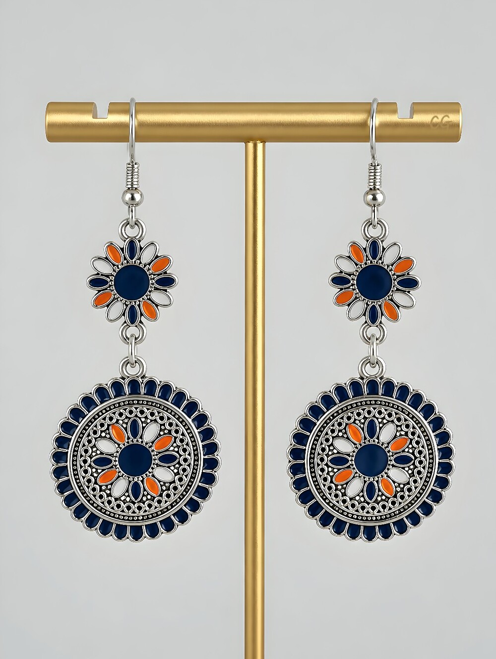 Floral Filigree Colorful Enamel Boho Dangle Earrings - Blue Orange Silver